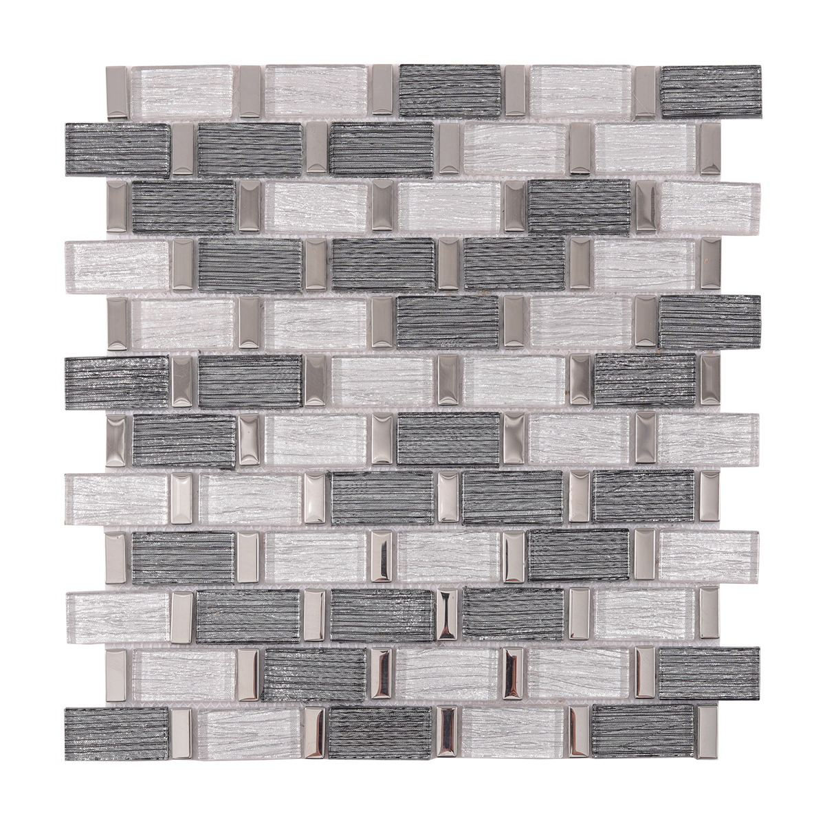 Obverse side of Silver Mix Grey Brick Glass Mosaic Tiles.