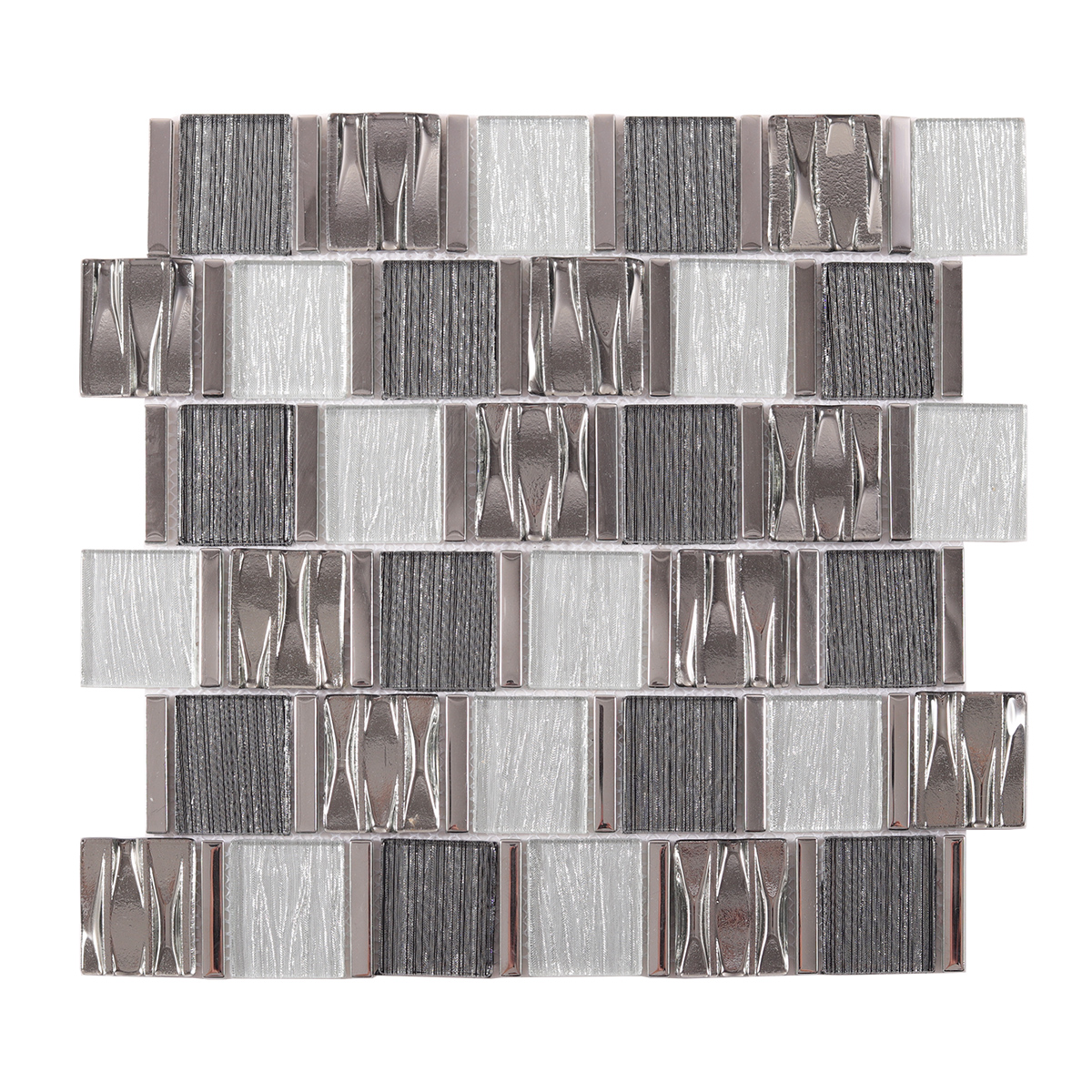 Grey Stacked Glass Mosaic Brick Tiles, obverse side view
