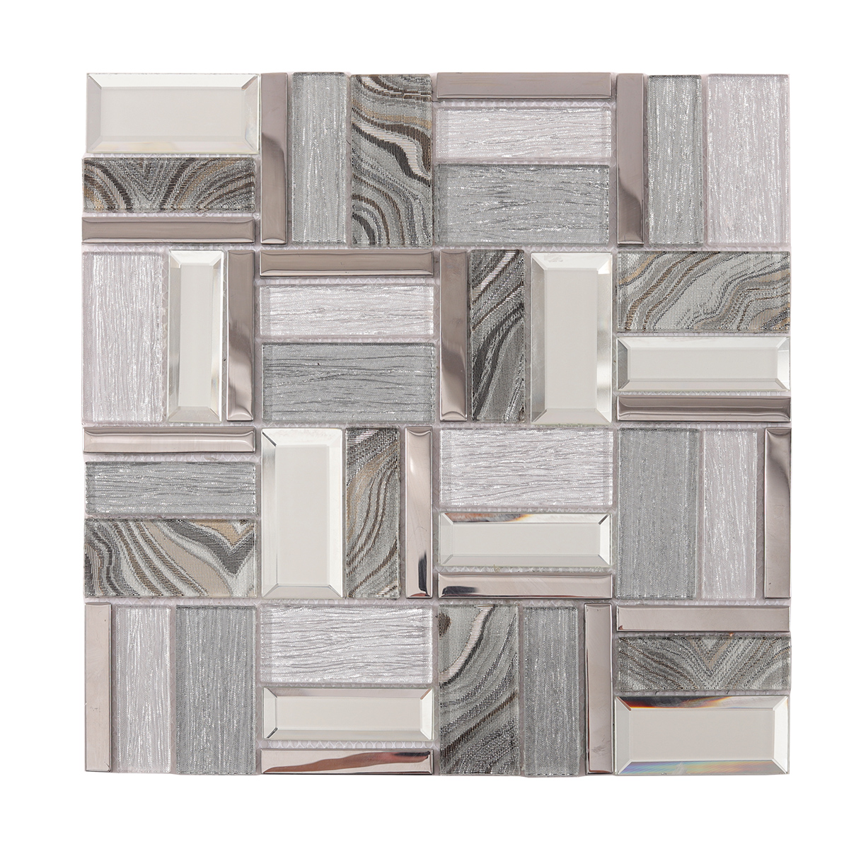 Strip Silver Glass Mosaic Mirror Tiles, obverse side view