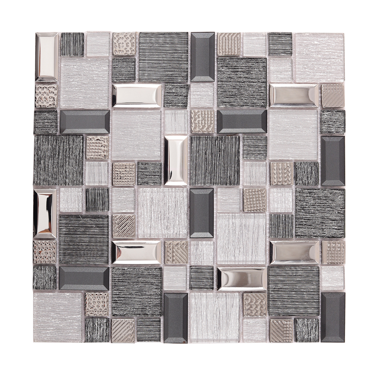 Obverse side of Glass & Stainless Steel Silver Black Mosaic Tiles
