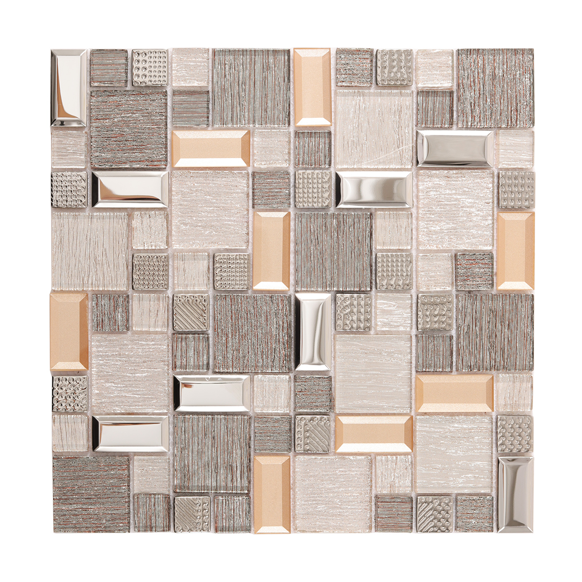 Beige Silver Glass Mix Metal Mosaic Tiles, obverse side view