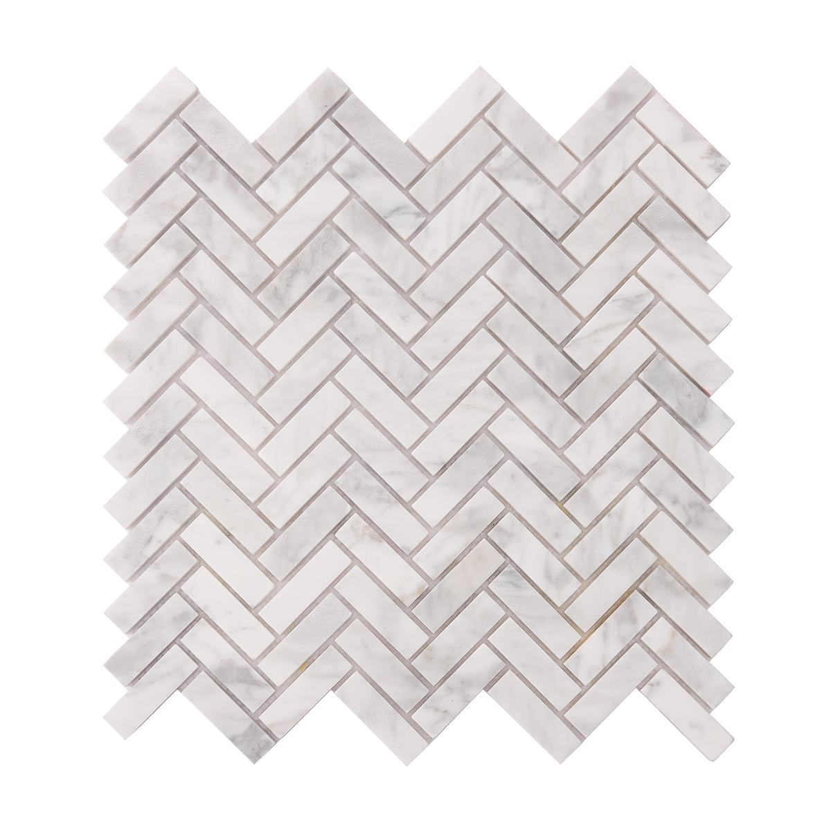 Carrara White Herringbone Marble Polished Mosaic Tiles, obverse side view