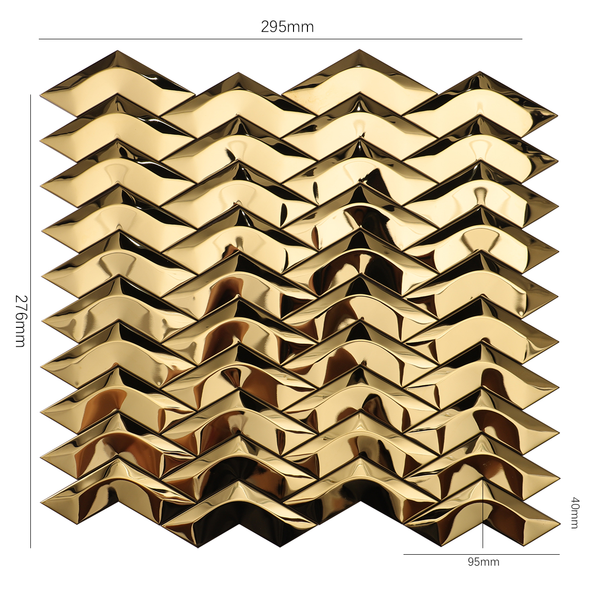 3D Gold Herringbone Mirror Stainless Steel Mosaic Tile, displayed with size dimensions