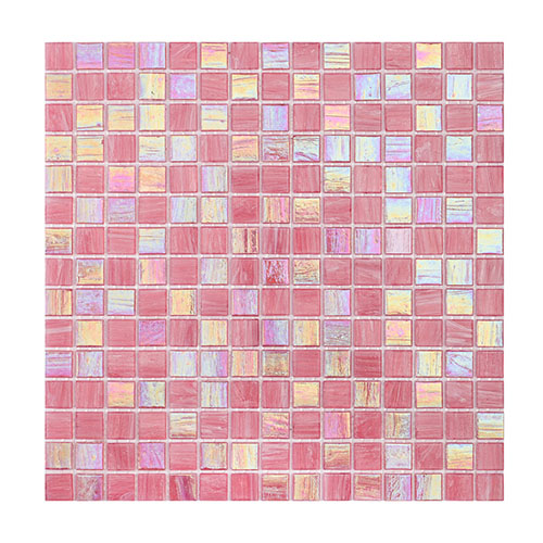 A sheet of pink iridescent glass mosaic tiles.