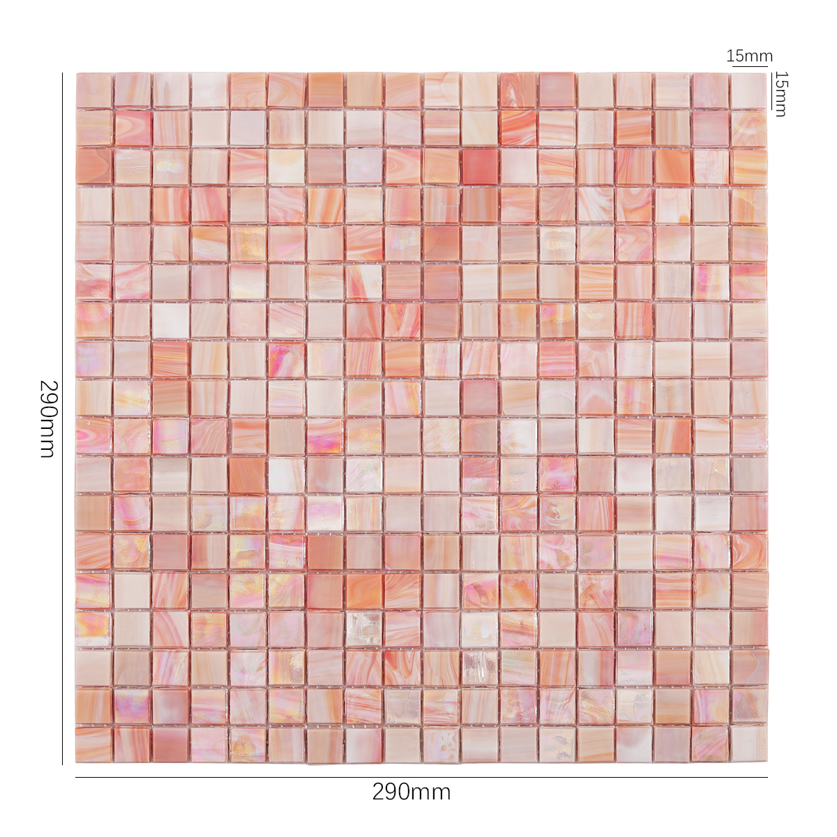 Pink Polished Glass Mosaic Floor Tiles, displayed with size dimensions