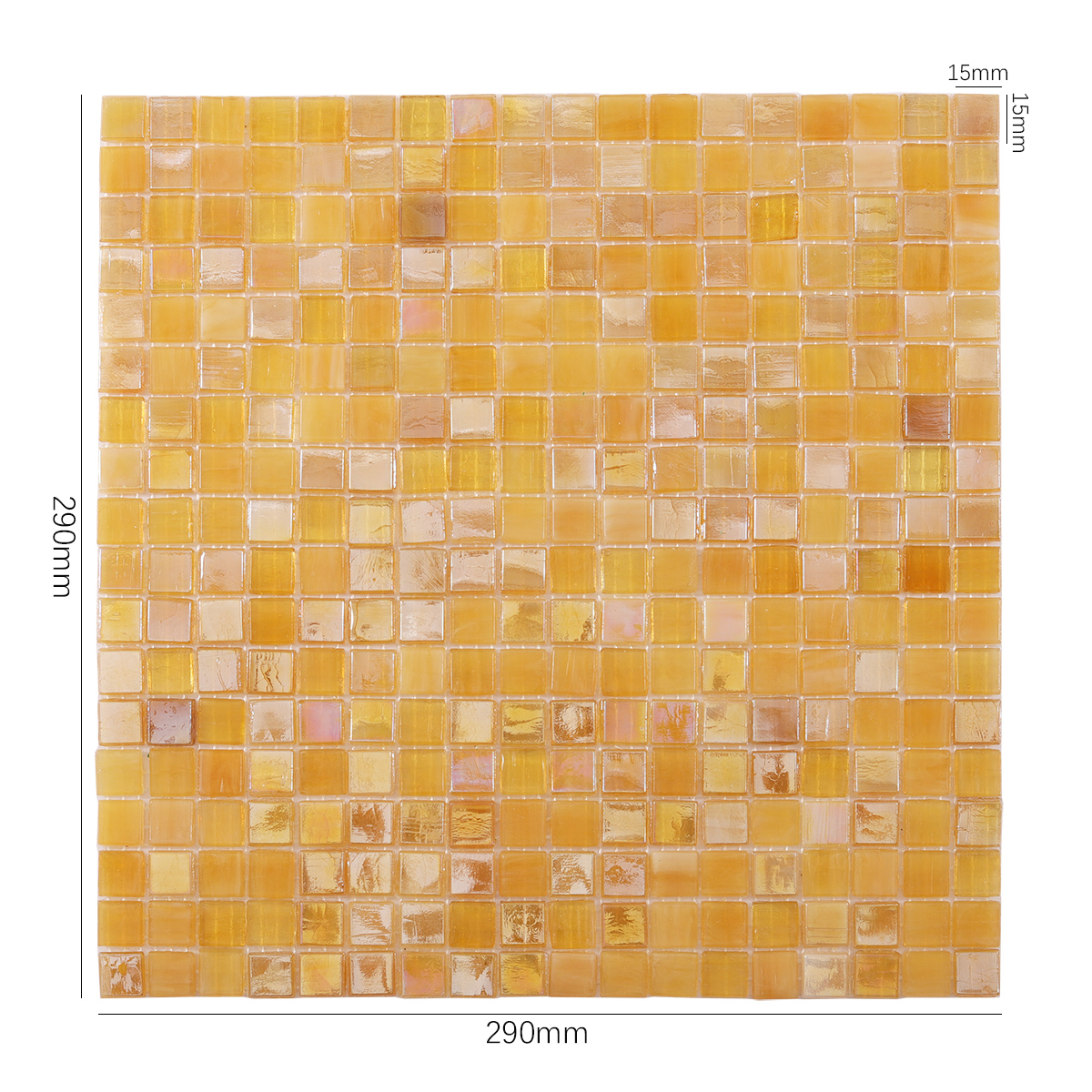 Glimmer Translucent Yellow Square Glass Mosaic Tiles, displayed with size dimensions