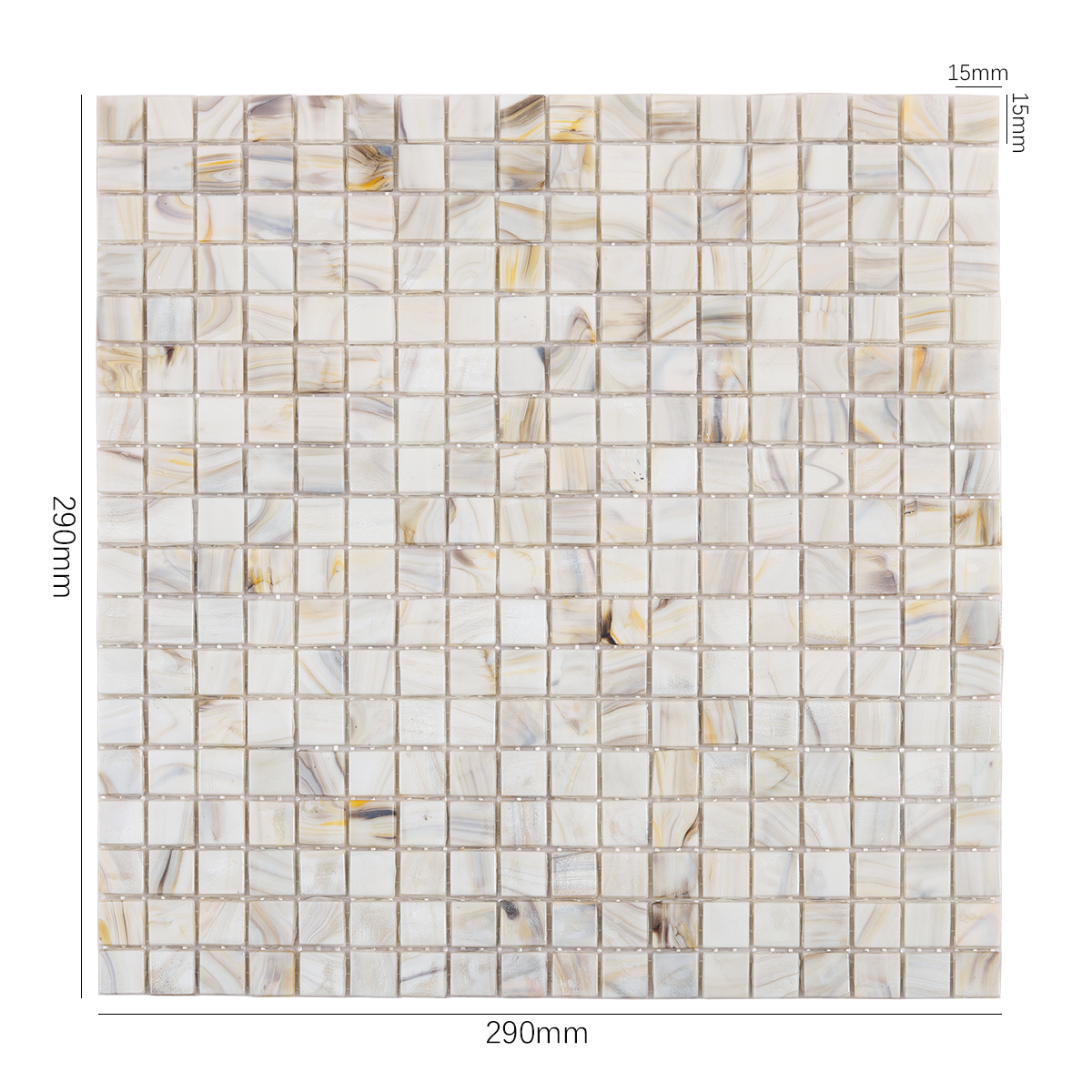 Glass Square Mosaic Gray Beige Tile, displayed with size dimensions