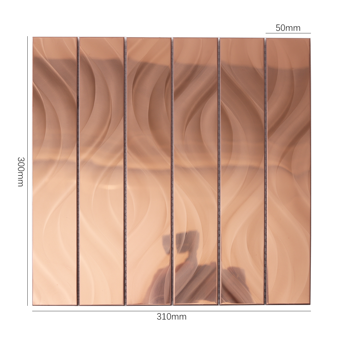 Mirror Copper Metal Rectangular Mosaic Tiles, displayed with size dimensions