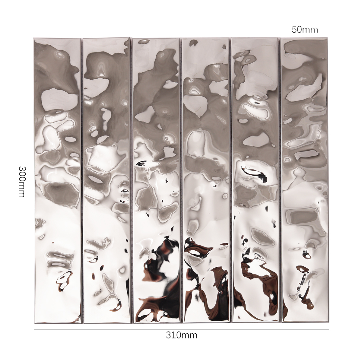 Silver Stainless Steel Stacked Mosaic Tiles, displayed with size dimensions