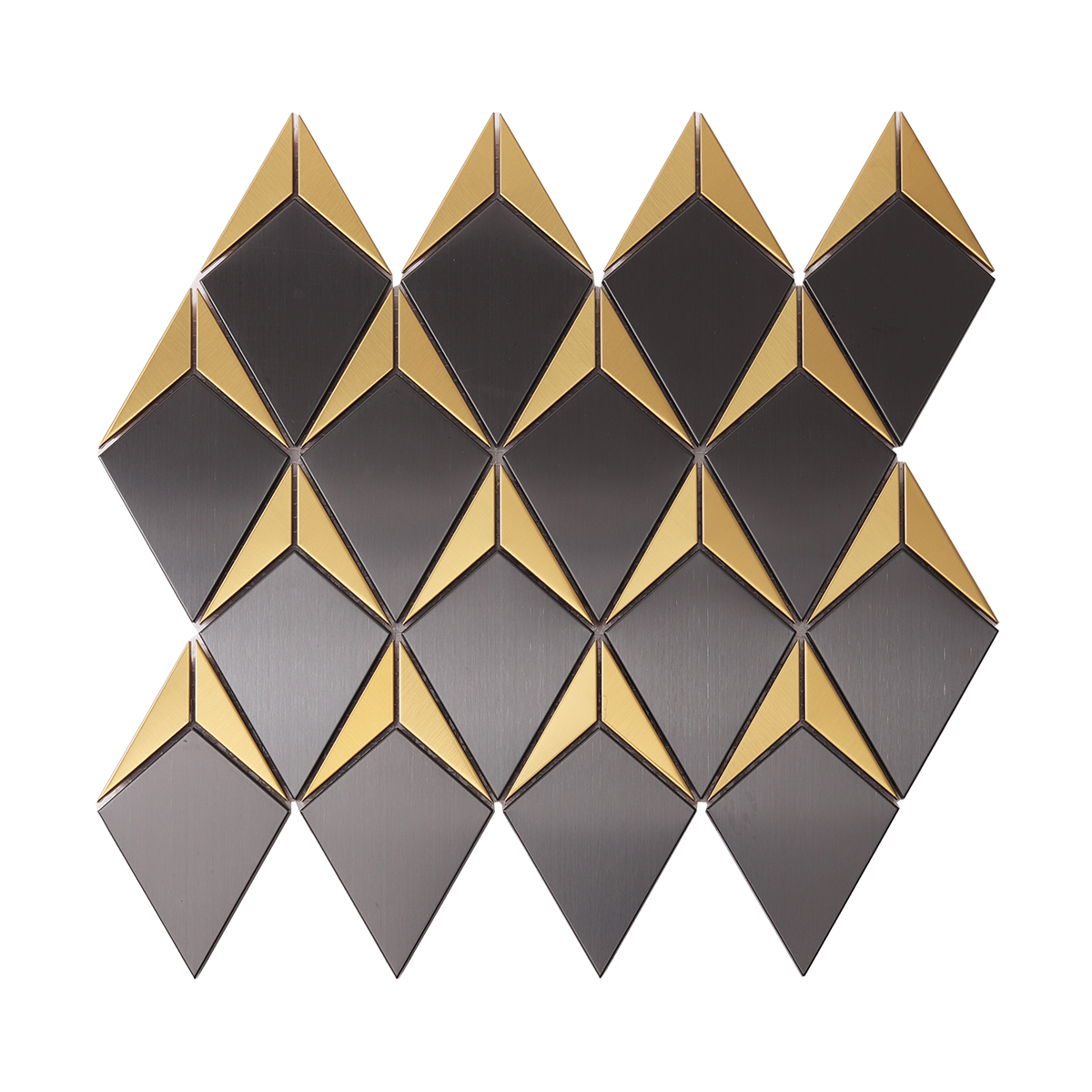 Black and Gold Diamond Metal Mosaic Tile, obverse side view, showing vibrant color contrast