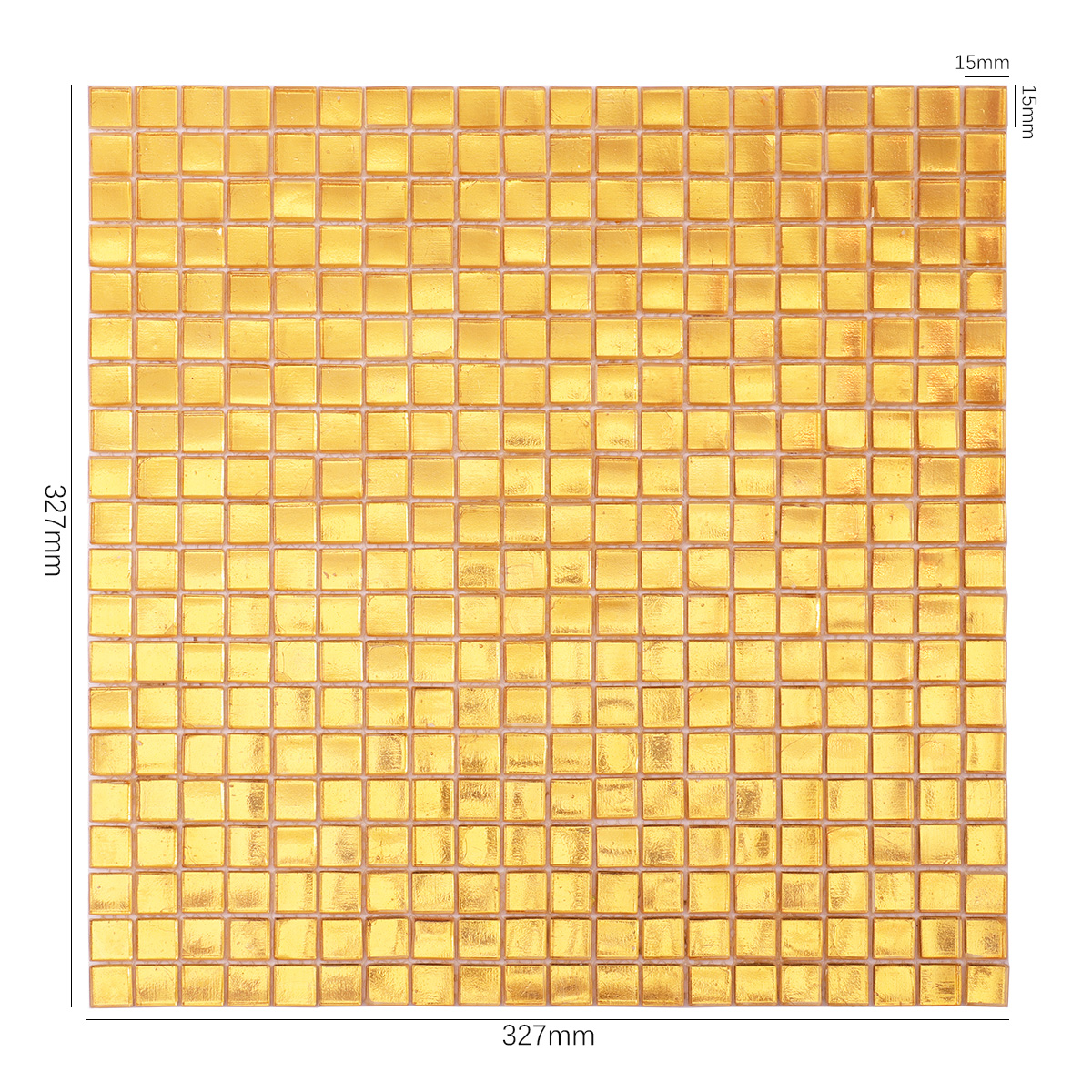Glossy Gold Square Glass Mosaic Tile, shown with size dimensions, elegant and glossy