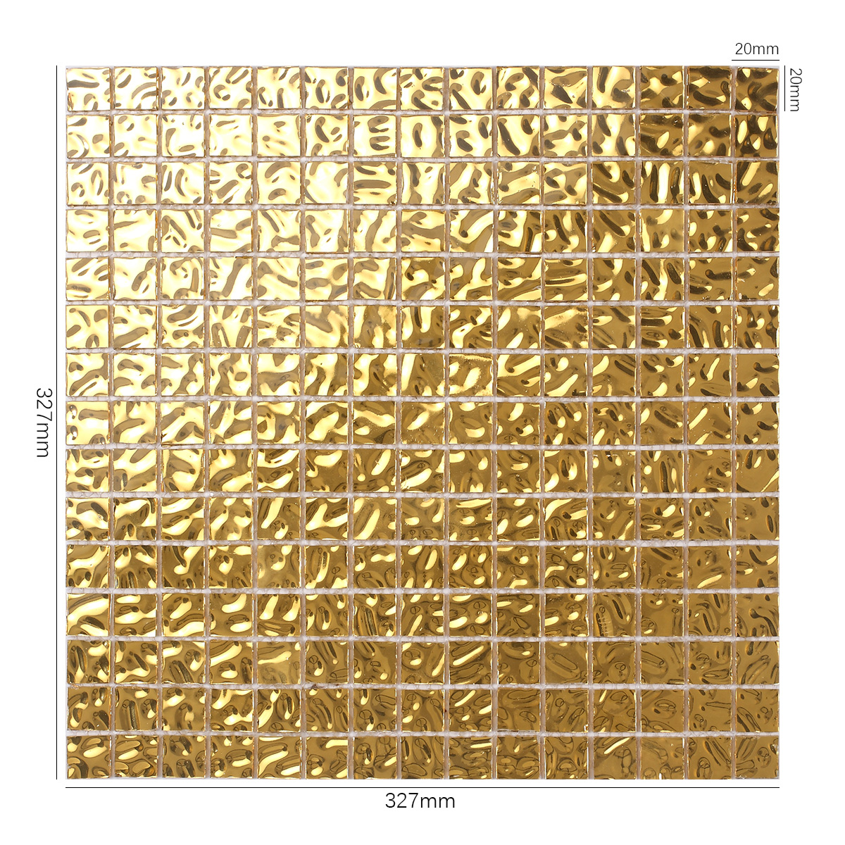 Glossy Gold Glass Uniform Square Mosaic Wall Tile, displayed with size dimensions