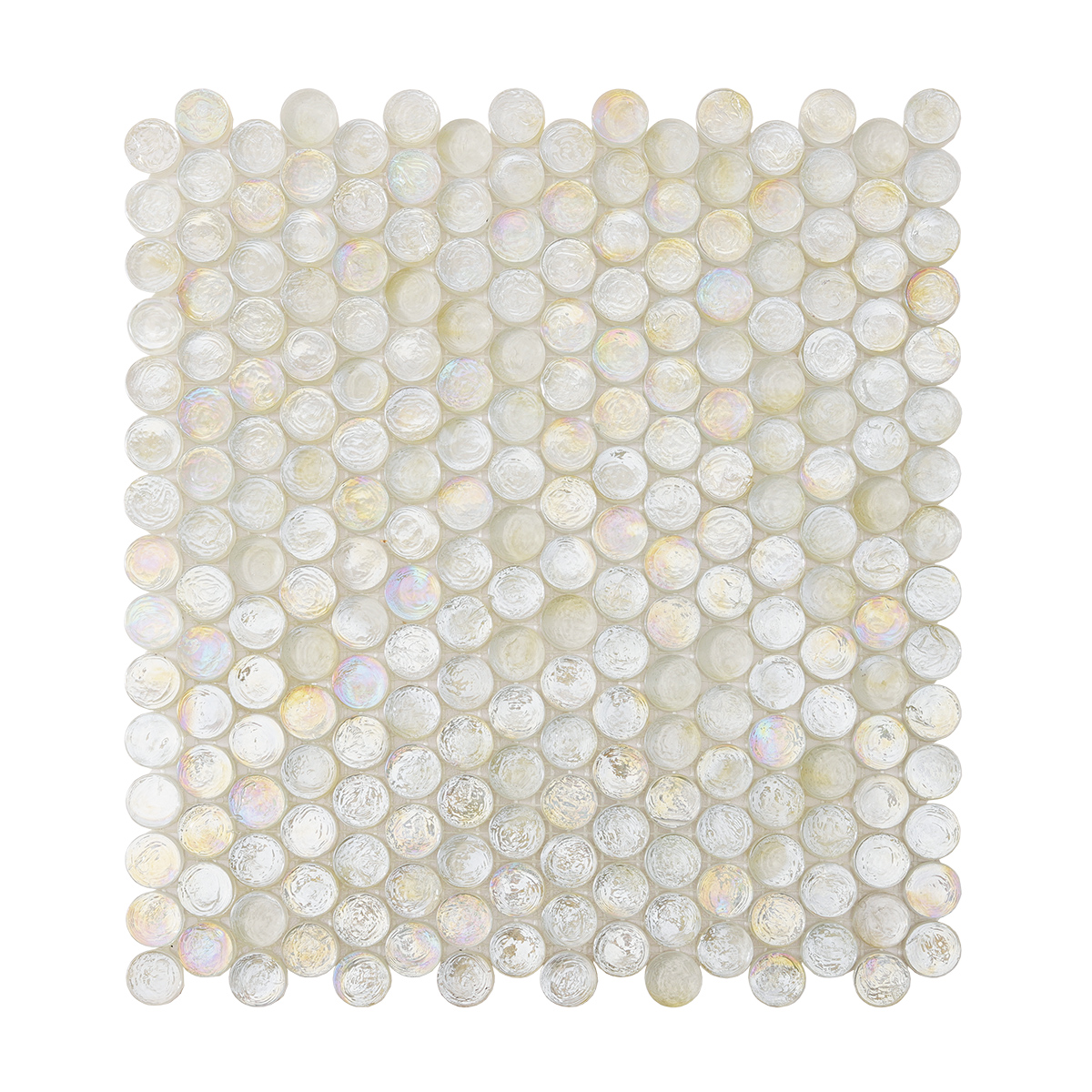 White Iridescent Penny Round Glass Mosaic Tile, obverse side view, showing glossy finish