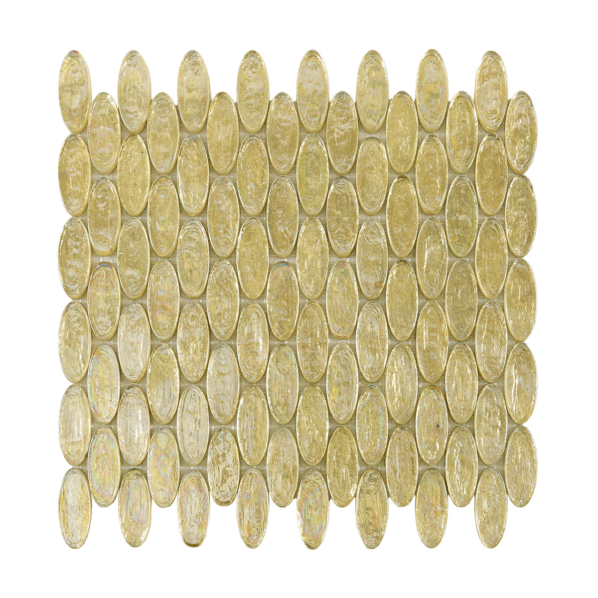 Gold Foil Oval Glass Mosaic Tile, obverse side view, showing shiny gold foil surface