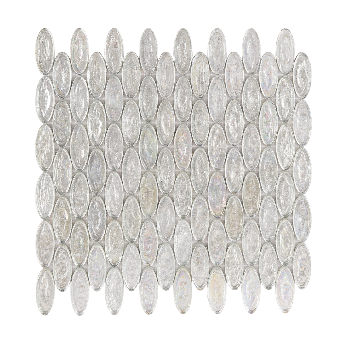 Oval Silver Iridescent Glass Mosaic Tiles, obverse side view