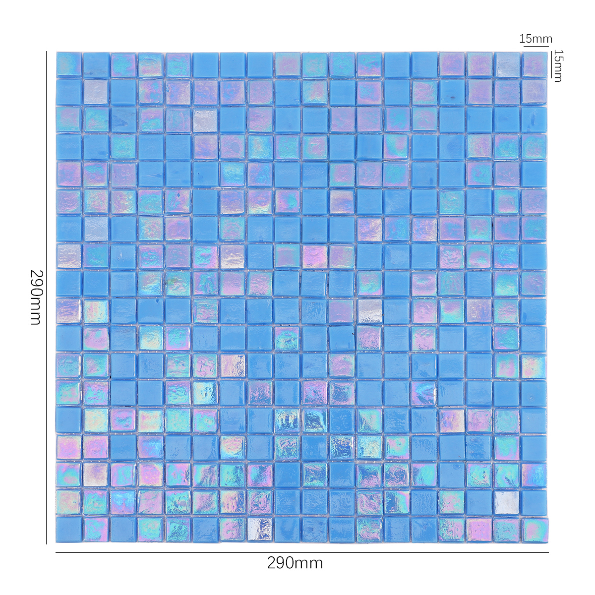Iridescent Blue Glass Square Mosaic Floor Tile, displayed with size dimensions