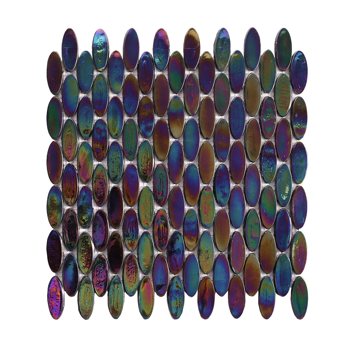 Oval Iridescent Black Glass Mosaic Floor Tile, obverse side view, sleek black finish
