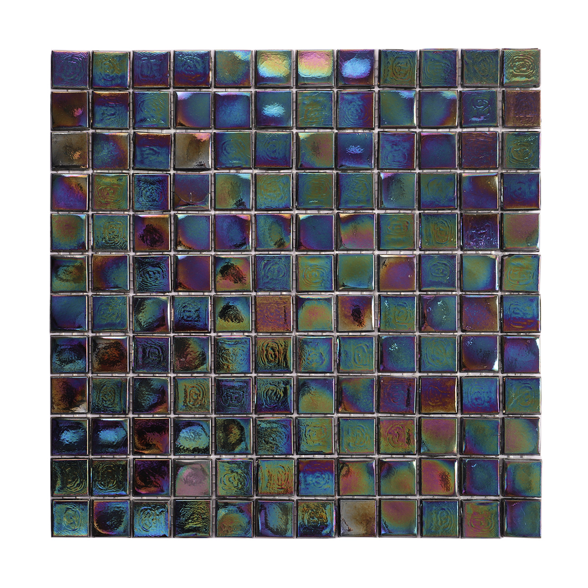 Black Square Iridescent Glass Mosaic Wall Tiles, obverse side view, glossy iridescent finish