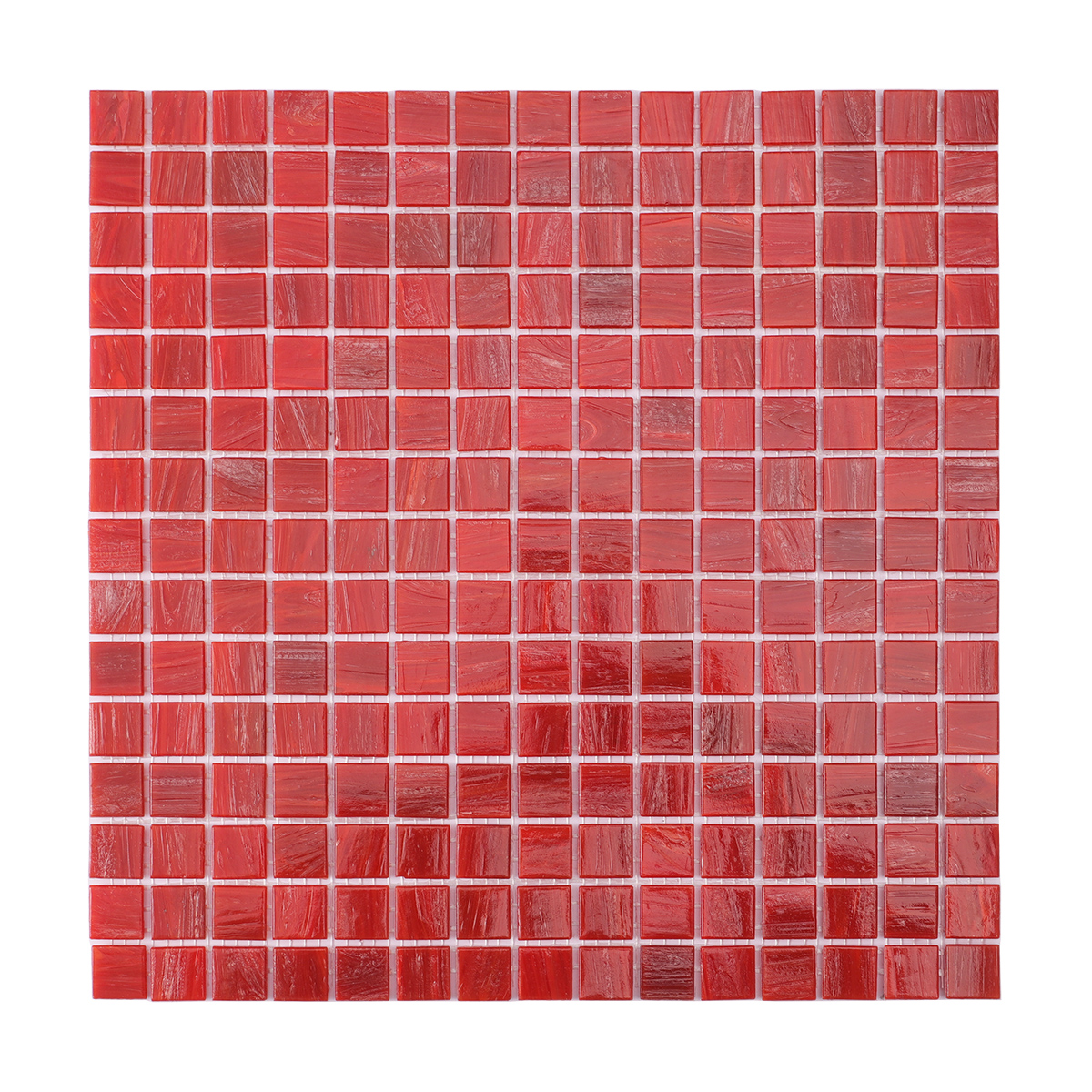 Red Square Glass Mosaic Bathroom Wall Tile, obverse side view, vibrant glossy red finish