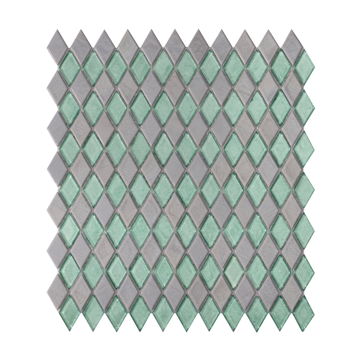 Diamond Green Mix Grey Glass Mosaic Tiles, obverse side view, sleek green and grey finish
