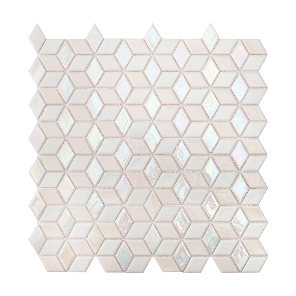 Iridescent White 3D Cube Diamond Glass Mosaic Tile, obverse side view