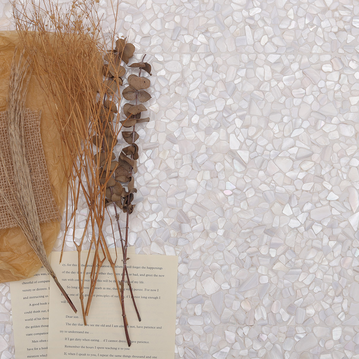 Elegant floor design with White Mother of Pearl Pebbles Mosaic Tiles, smooth and glossy finish