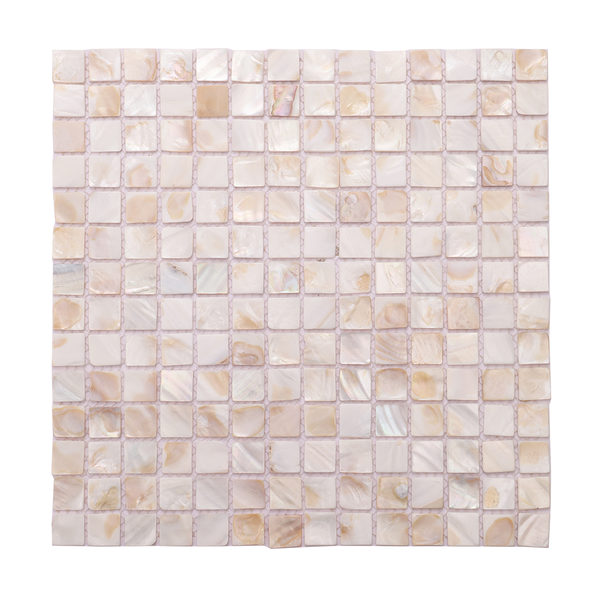 Seashell Mother of Pearl Square Mosaic Tiles, obverse side view, glossy and reflective surface