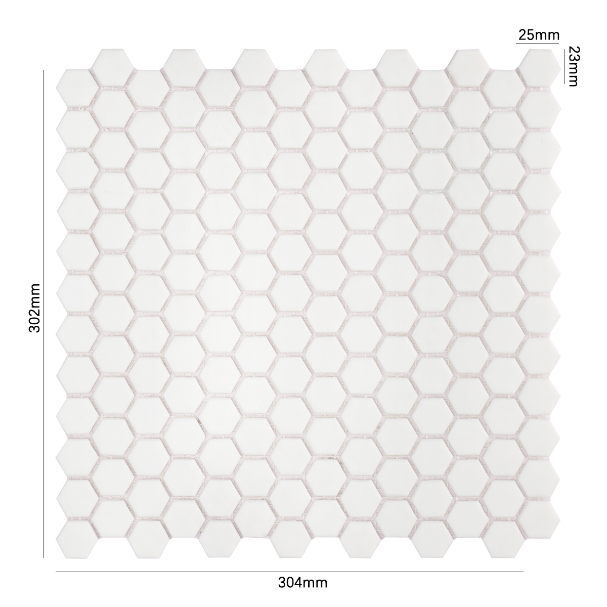 White Hexagon Glass Mosaic Tile, displayed with size details, elegant and modern design