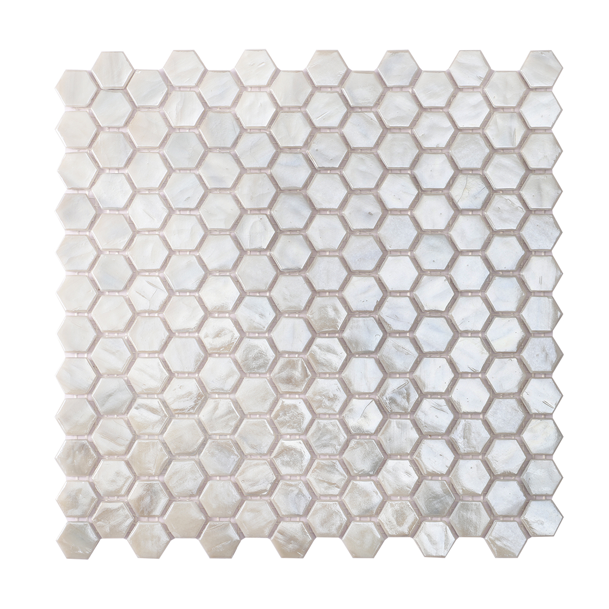 Beige Honeycomb Hexagon Glass Mosaic Tile, obverse view, smooth and glossy finish