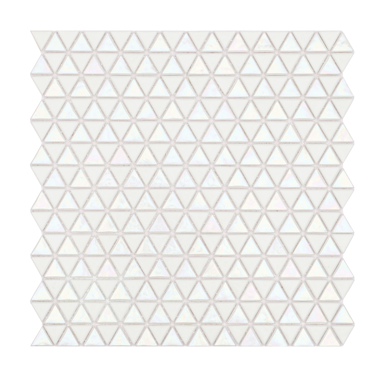 Glossy Iridescent White Glass Triangle Mosaic Tile, obverse view