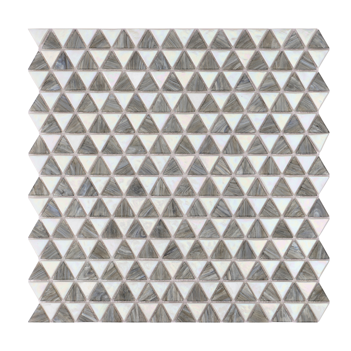 Gray and White Glass Triangle Mosaic Tile, obverse view, smooth and glossy finish