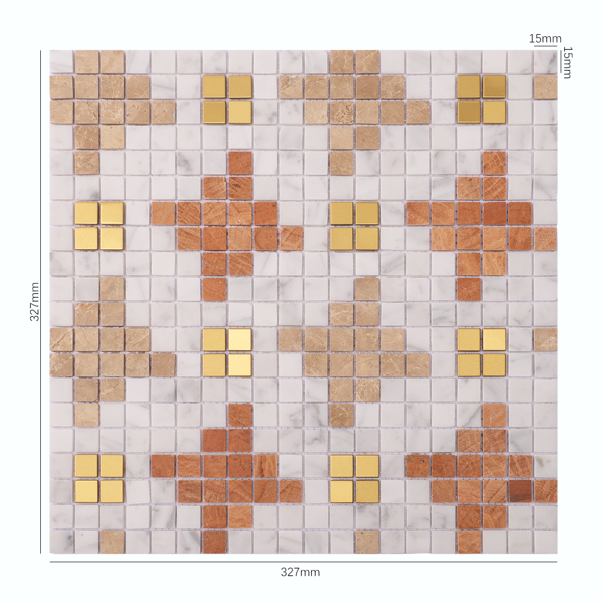 Front View of Marble and Metal Square Mosaic Tile with Dimensions