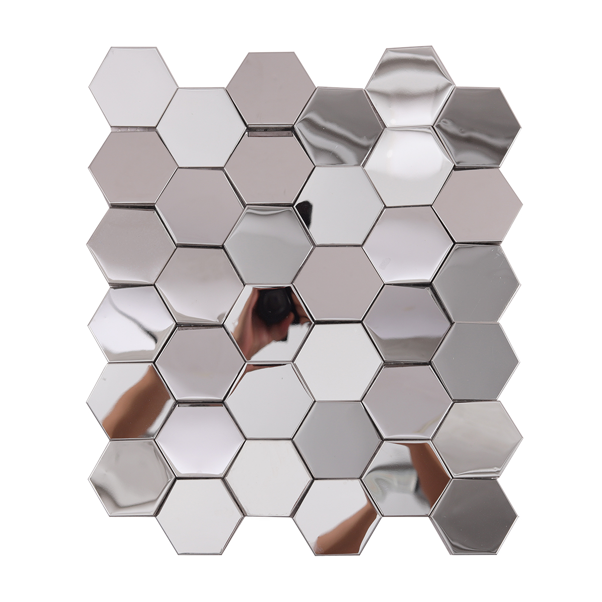 Front View of Hexagon 3D Silver Stainless Steel Mirror Mosaic Wall Tile