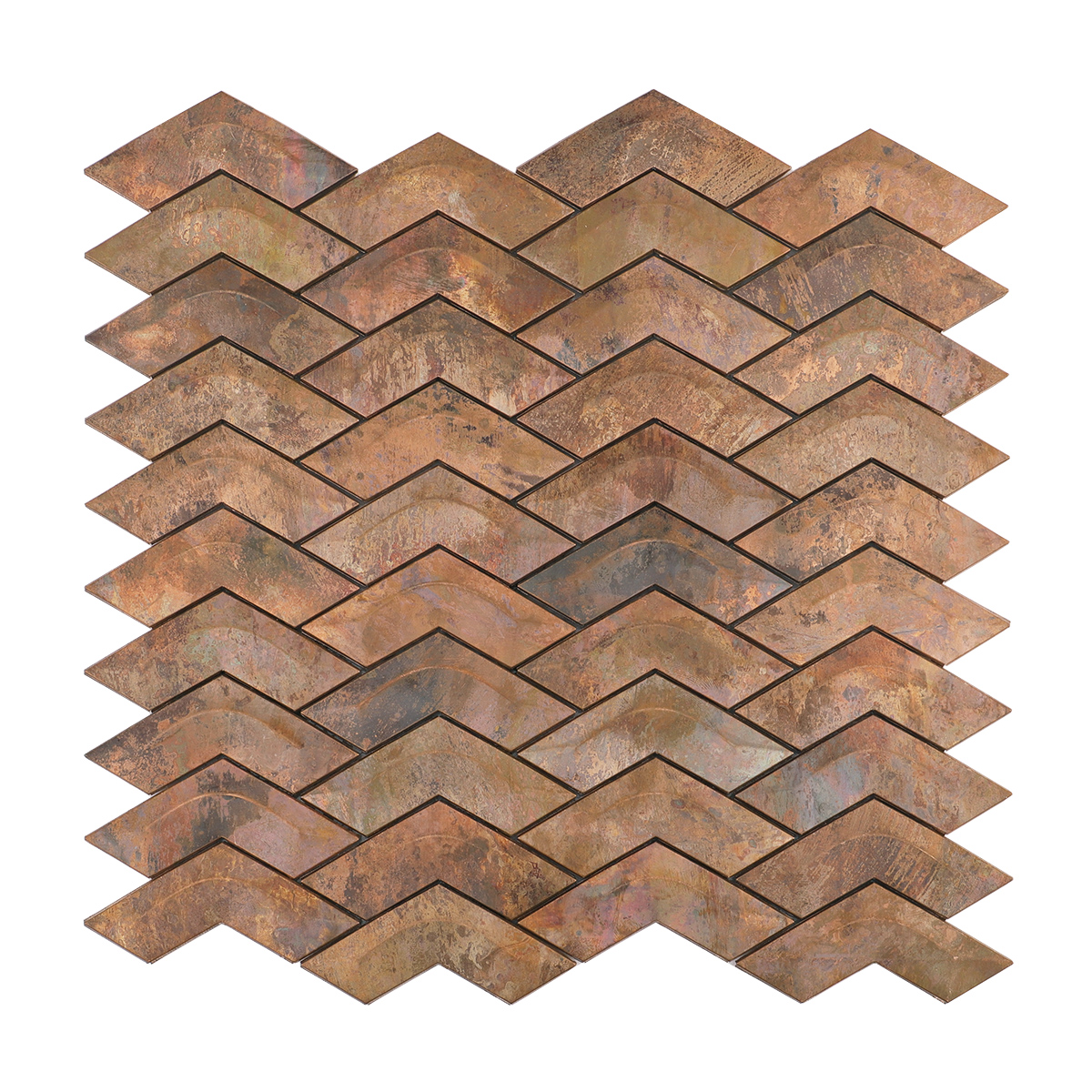 Front View of Herringbone Copper 3D Wave Metal Mosaic Wall Tile