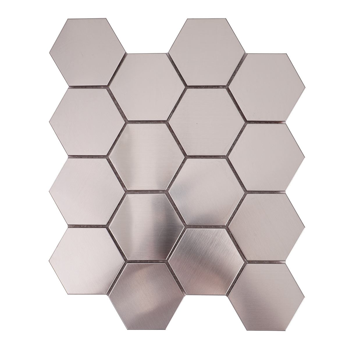 Front View of Honeycomb Hexagon Silver Stainless Steel Brushed Metal Mosaic Tile
