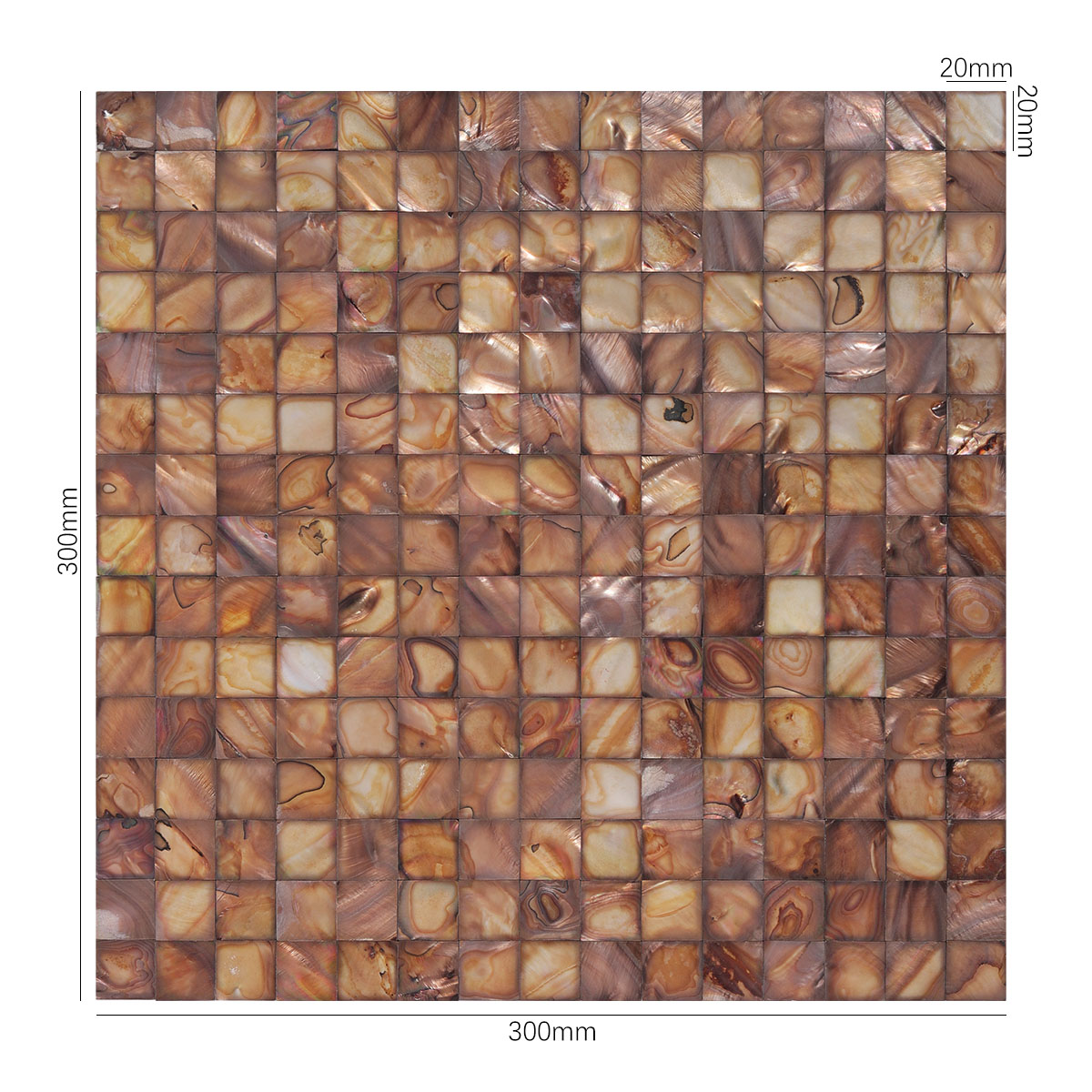 Front View of Brown Square Mother of Pearl Shell Mosaic Tile with Dimensions