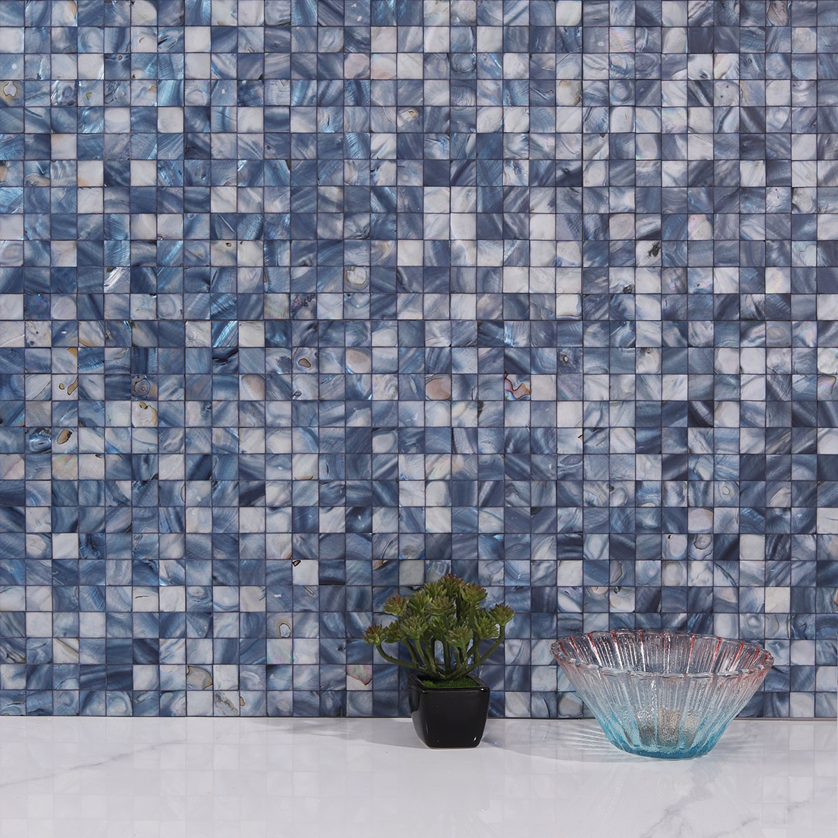 Iridescent Blue Mother of Pearl Mosaic Tiles as Kitchen Backsplash