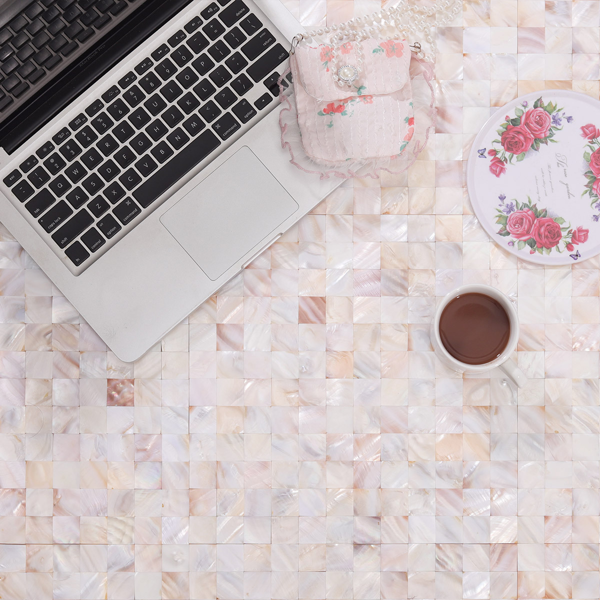 Workstation Setup on Natural Seashell Mother of Pearl Mosaic Tile