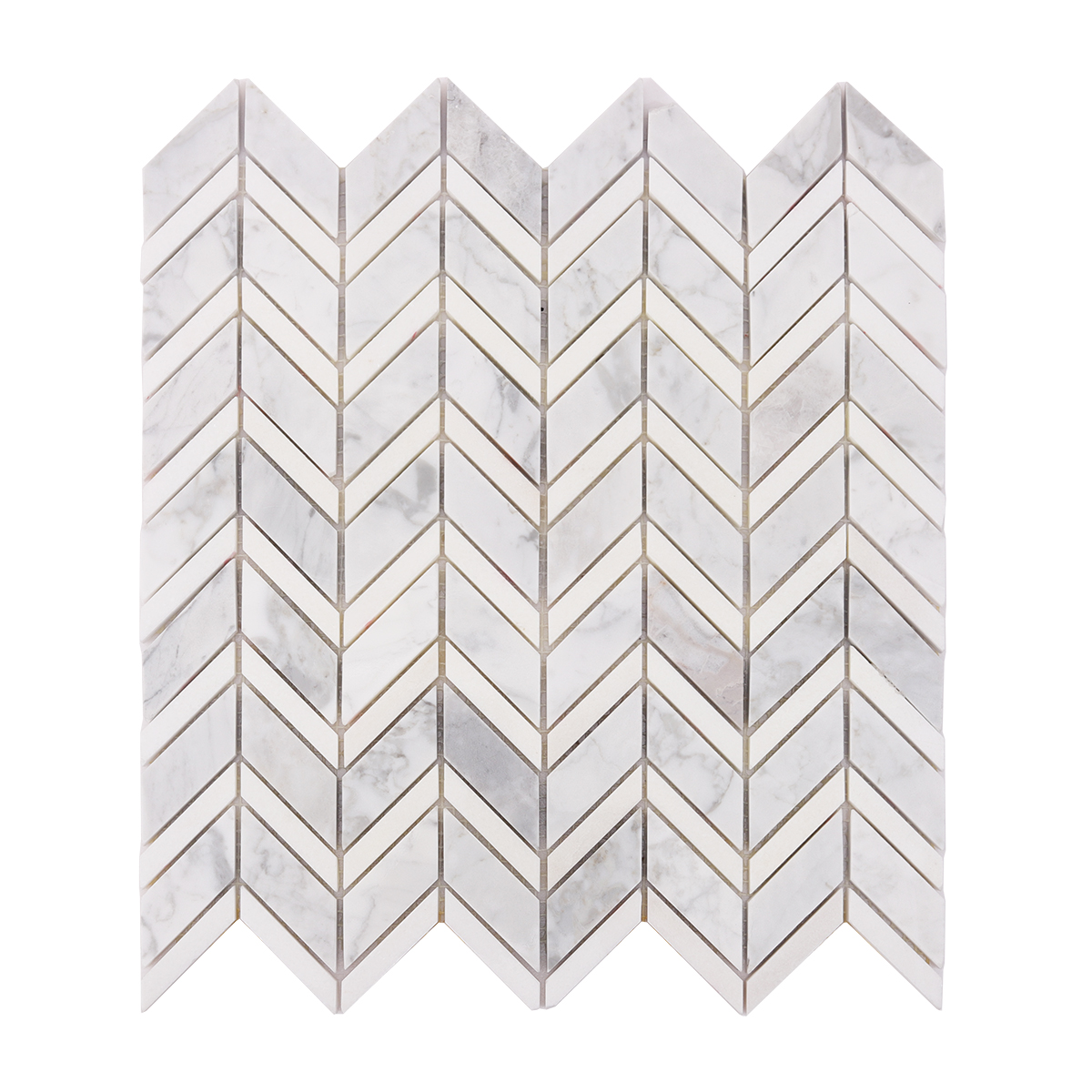 Front View of Carrara White Marble Herringbone Mosaic Tile