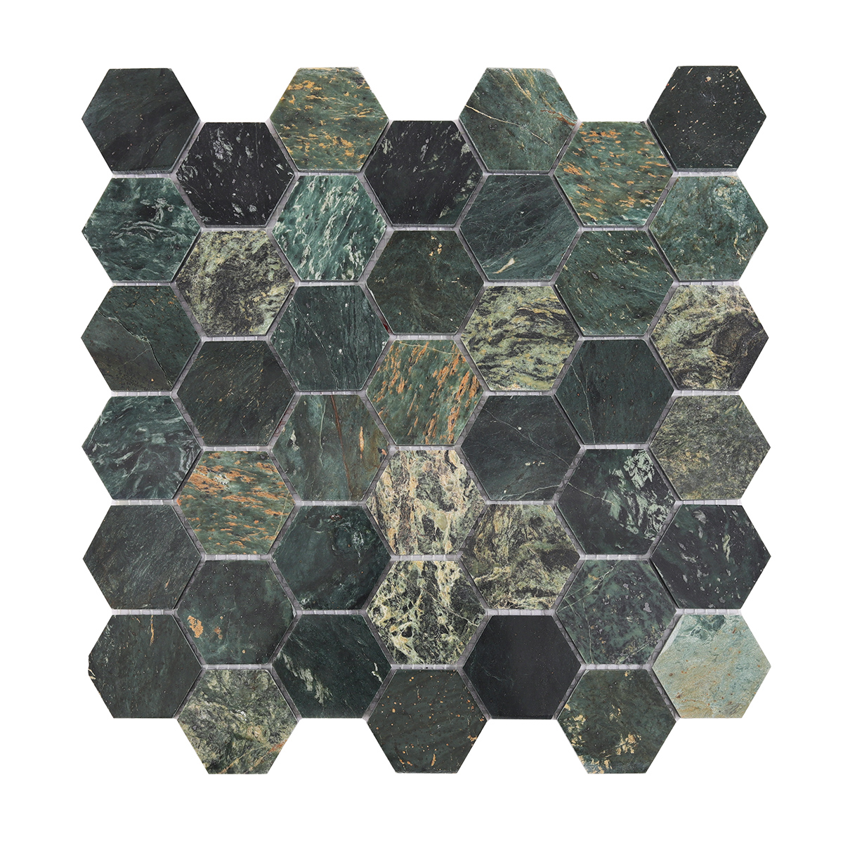 Front View of Indian Green Hexagon Natural Marble Mosaic Tile