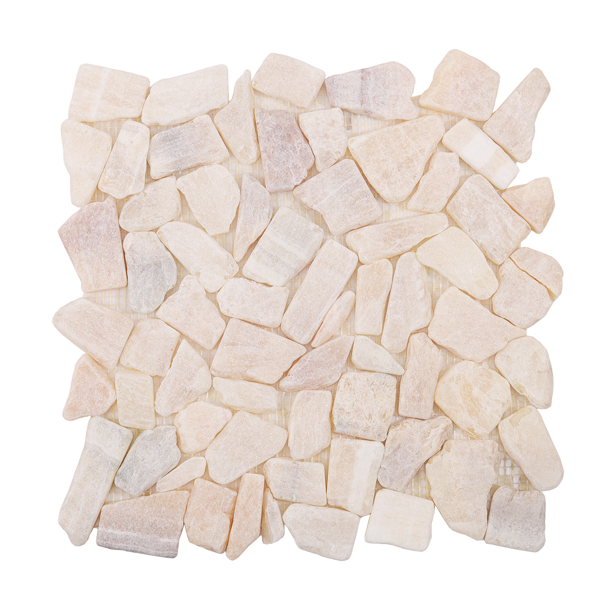 Front View of Beige Shaved Pebble Travertine Honed Mosaic Floor Tile