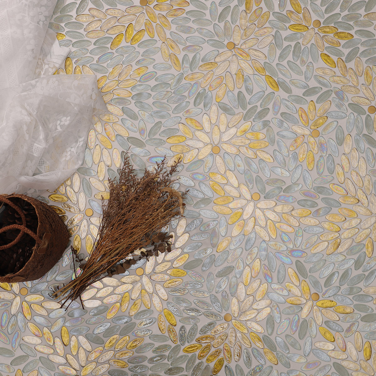 Detailed View of Iridescent Oval Glass Petal Pattern Mosaic on Floor