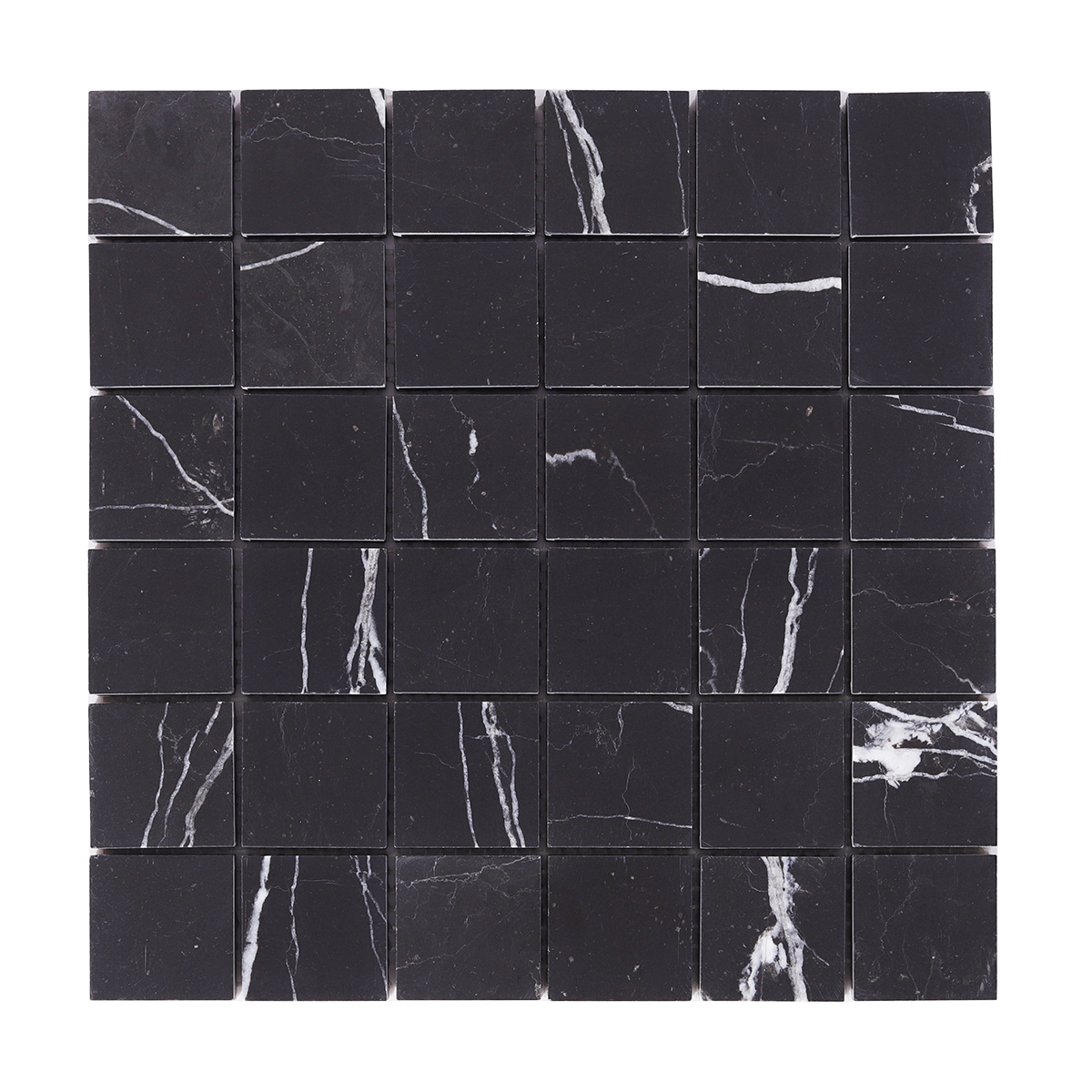 Full view of Nero Marquina black square marble mosaic tiles.