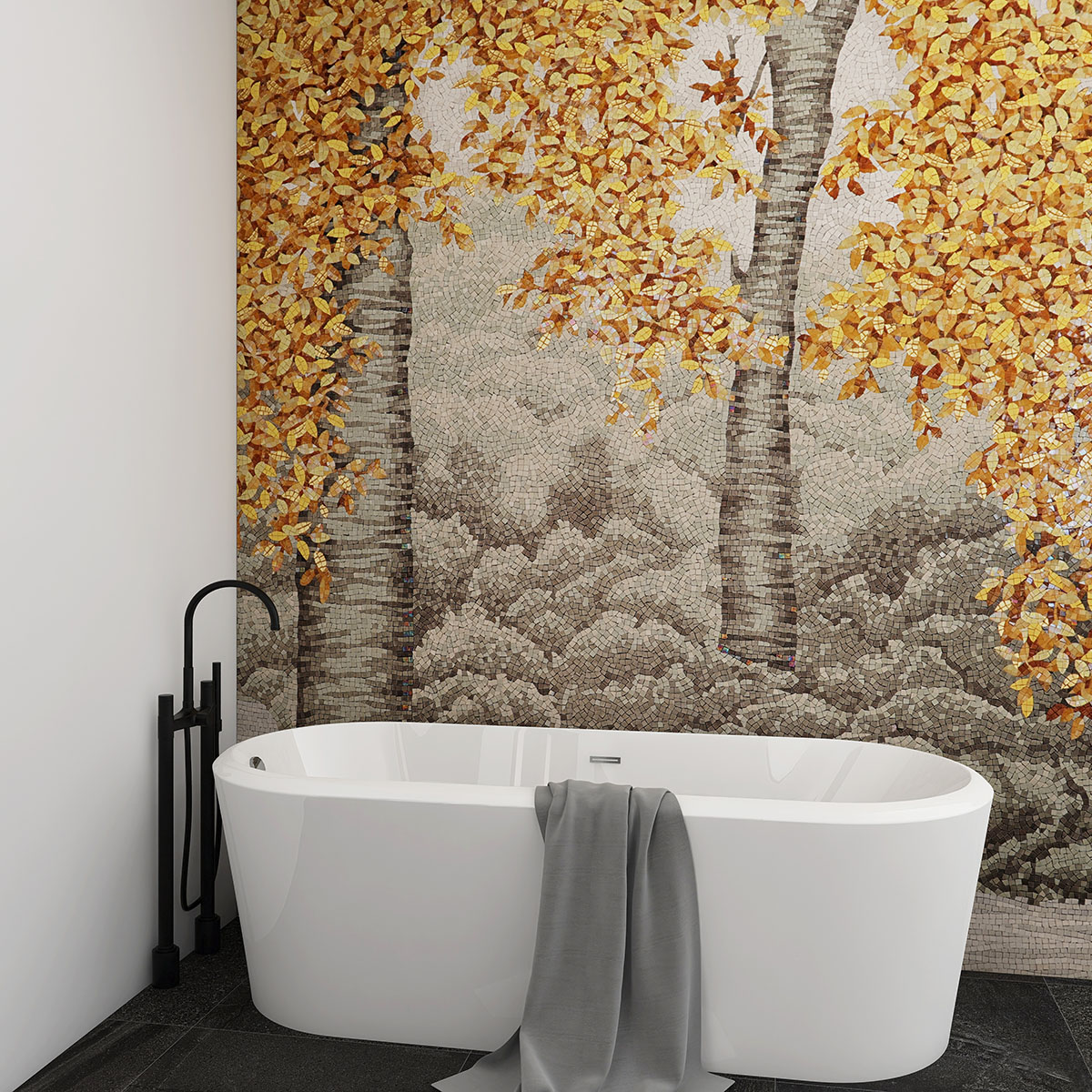 Golden Tree Glass Mosaic Art on Bathroom Wall with Black Floor Tiles 