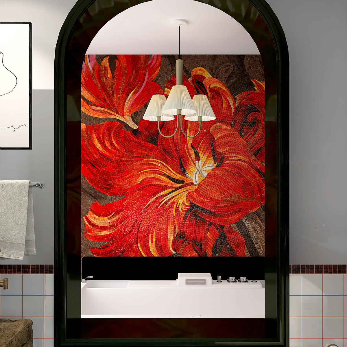 Red Flower Glass Mosaic Mural Above White Bathroom Sink
