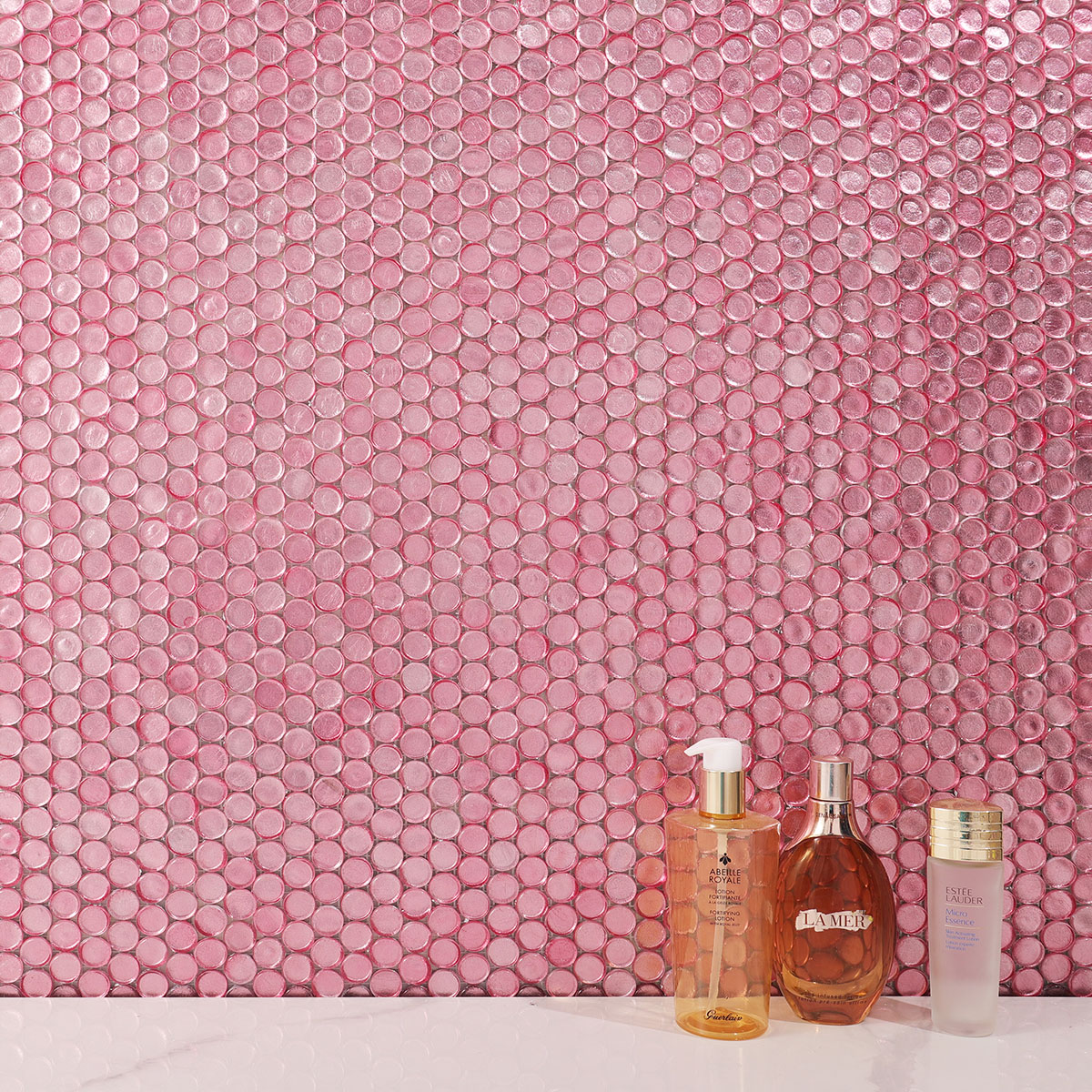 Glossy Pink Penny Round Mosaic Tile on Bathroom Wall with White Floor Tiles