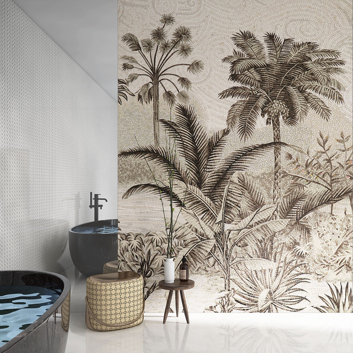Coconut Tree Mosaic Mural on Bathroom Wall with White Floor Tiles and Black Bathtub