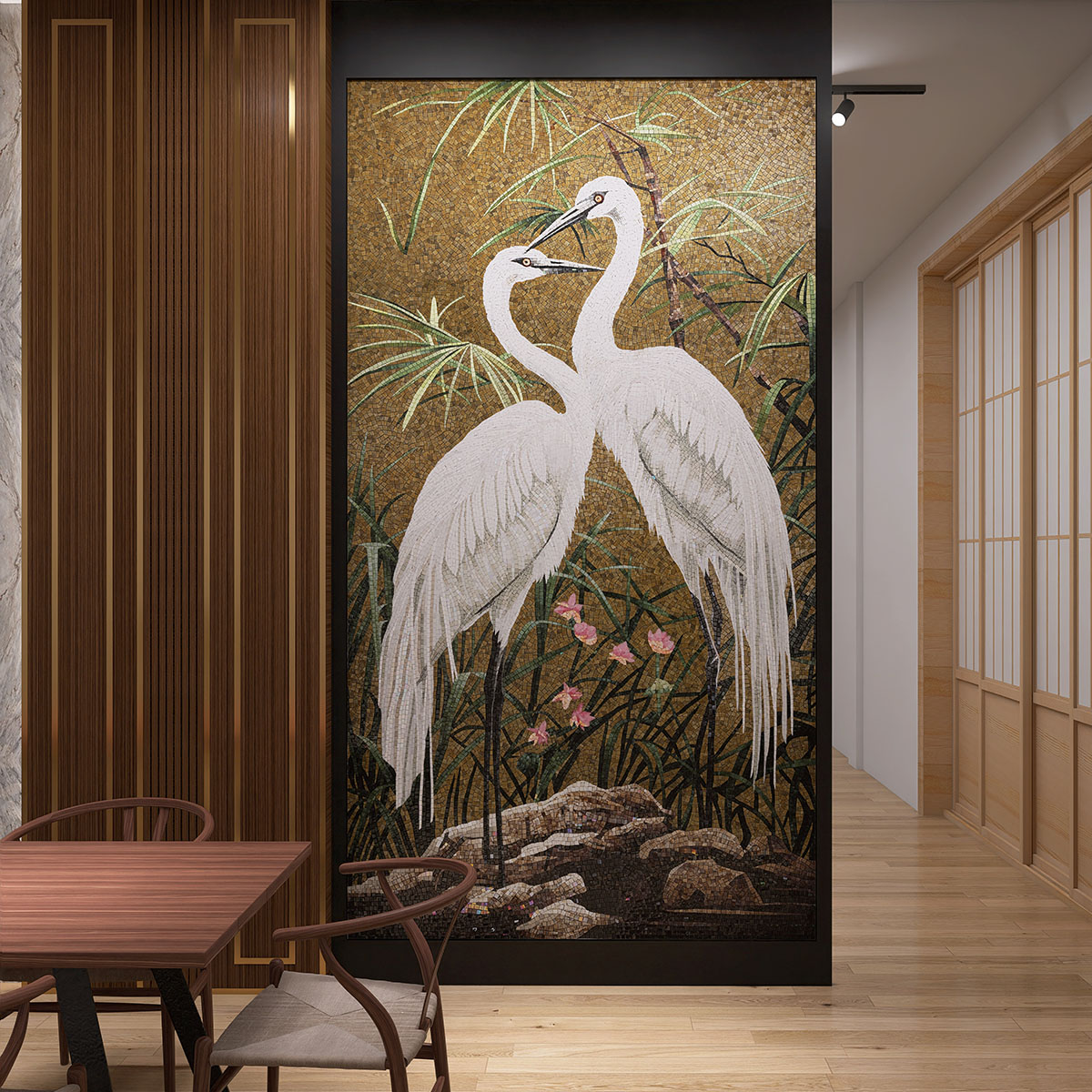 White Crane Bird Mosaic Artwork as Living Room Wall Feature with Wood Flooring
