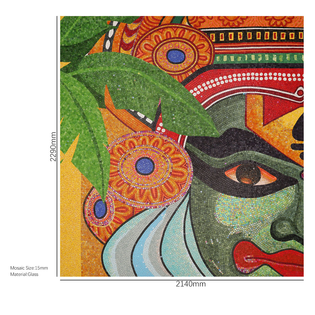 Full View of Human Figures Glass Art Mosaic Mural with Dimensions Displayed