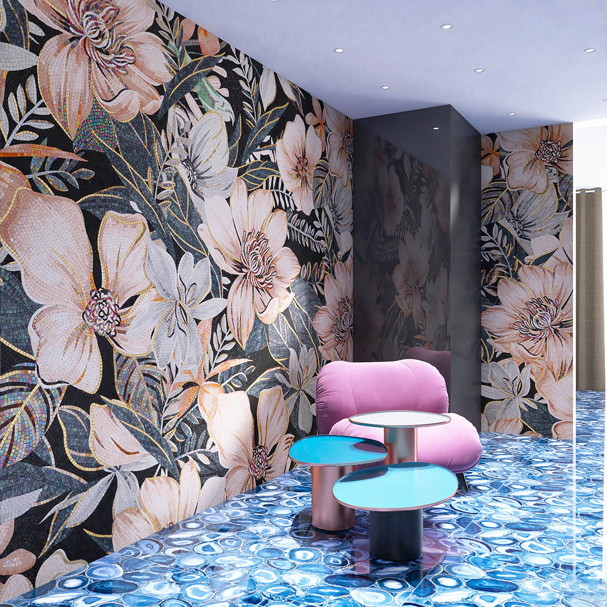 Floral Glass Mosaic Mural on Public Space Wall